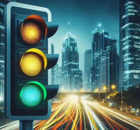 traffic lights and cityscape showing how our online queue system regulates peak traffic surges