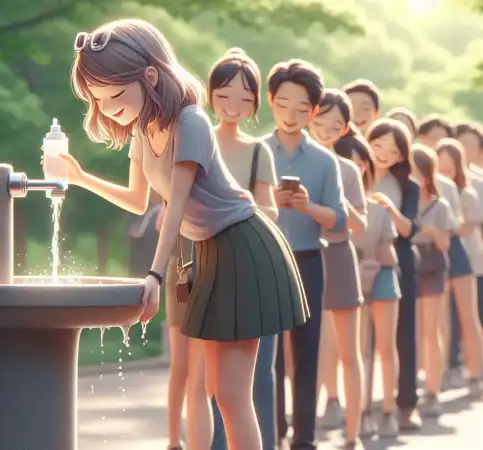A queue of happy people for a water fountain in a park, in anime style. Our queues keep visitors engaged during traffic surges and prevent website crashes.