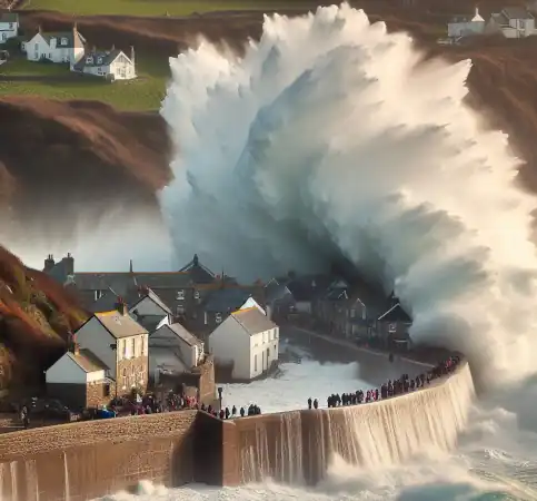 A massive wave being blocked by a sea wall at a Cornish village.  Our system prevents your website crashing from waves of traffic surges.